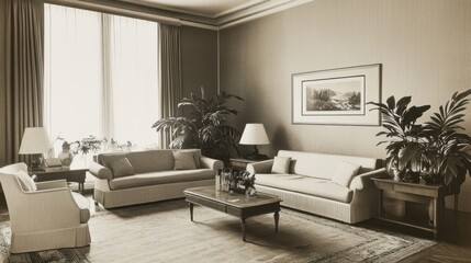 Vintage Living Room Interior: A Sepia-toned Haven of Calm and Elegance