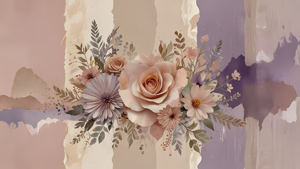 A dreamy abstract collage featuring soft pastel tones like blush pink, lavender, and light beige