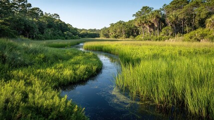 secluded marsh with a small creek winding through the lush, green plants, while the sound of rustling leaves fills the air