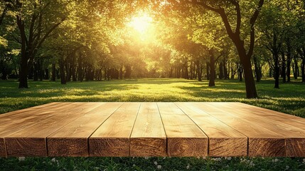 Obraz premium Sunlit Wooden Deck in Park: A warm and inviting wooden deck sits in the foreground of a vibrant green park bathed in the golden light of the setting sun.