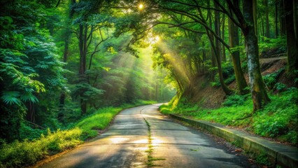 Obraz premium Old Concrete Road in Low Light Surrounded by Lush Green Forest - Nature Photography, Scenic Road, Urban Exploration, Forest Pathway, Atmospheric Landscape