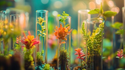 set of miniature plants growing inside test tubes, representing biotechnological advancements