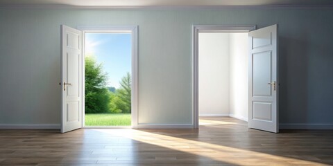 Obraz premium Open White Door in Empty Room - Panoramic Photography, Bright Interior, Minimalist Design, Architectural Space, Natural Light, Serenity, Clean
