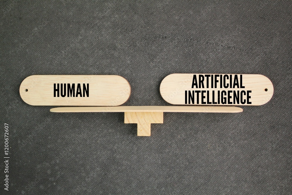 Poster the balance between the words human vs. artificial intelligence. the balance between humans and ai. 