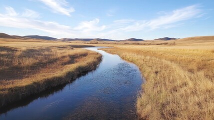 small creek running through the prairie, its crystal-clear waters winding through the grasses, providing a watering hole for wildlife and reflecting the blue sky above.