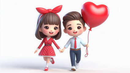 Playful young couple holding heart balloon cute cartoon style studio environment joyful concept