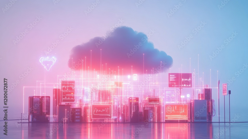 Poster cloud computing network with digital data and servers.