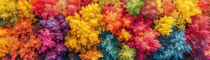 Aerial view of colorful autumn forest. Background Nature, vibrant hues. Use Wallpaper, design