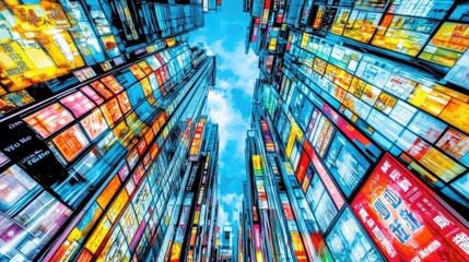 Cityscape, advertising signs, upward view, Hong Kong, urban background, website banner