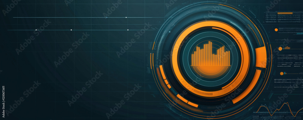 Poster a futuristic graphic featuring a circular interface with orange accents and a waveform, set against 