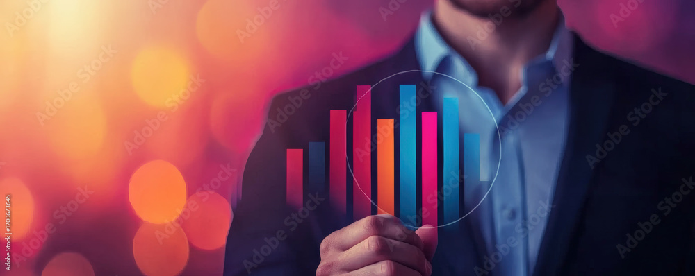 Poster a professional man in a suit holds a transparent bar graph against a colorful background, symbolizin