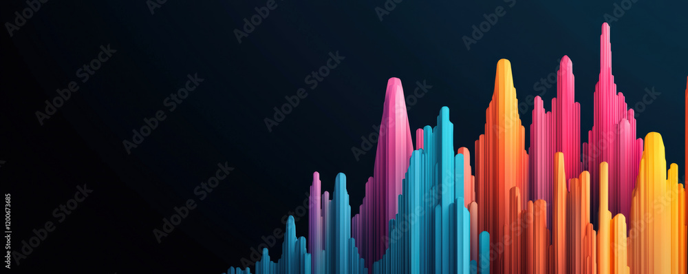 Poster a colorful abstract representation of sound waves or data visualization, showcasing vibrant peaks an