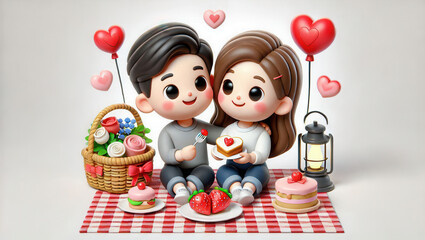 Obraz premium Romantic picnic celebration outdoor garden cute couple cartoon love theme heartfelt moment