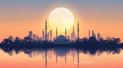 Serene Cityscape Silhouette at Sunset with a Large Moon