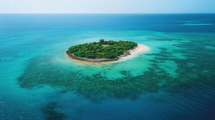 small, rocky remote island with clear waters gently lapping against the shore, surrounded by coral reefs and perfect for a snorkeling adventure