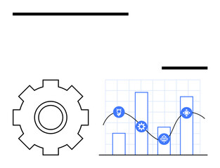 Gear shape beside bar graph with virus-related icons linked on a line. Ideal for data analytics, system processes, cybersecurity, threat detection, risk management, tech insights, abstract line flat