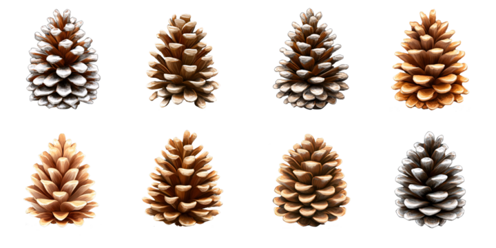 A captivating image showcasing eight pine cones, each in different shades of brown, beige, gold, silver and white,