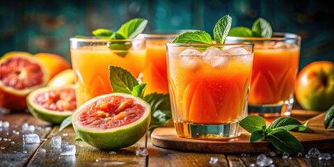 Fototapeta premium Refreshing Citrus and Tropical Juices in Macro Photography - Orange Juice, Guava Juice, and Cold Water for Summer Vibes