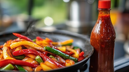 spicy chili sauce bottle next to a sizzling hot dish of stir-fried vegetables, perfect for adding extra heat