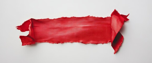 Torn red fabric strip on white background.