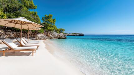 Obraz premium serene beach with sun loungers and umbrellas under clear blue sky