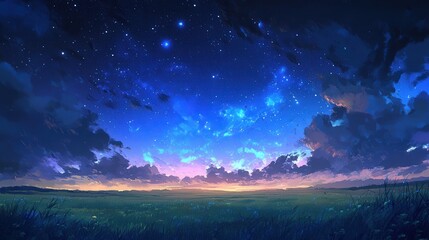 Naklejka premium starry night sky above an open plain, where the night feels endless, and the stars shine brightly,