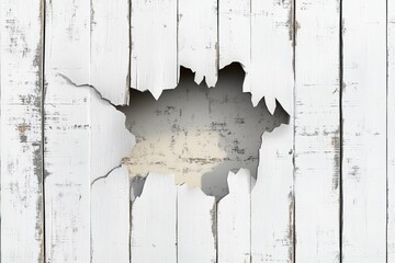 Hole in weathered white wooden wall revealing brick.