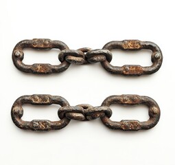 Fototapeta premium Two rusty metal chain links isolated on white background.