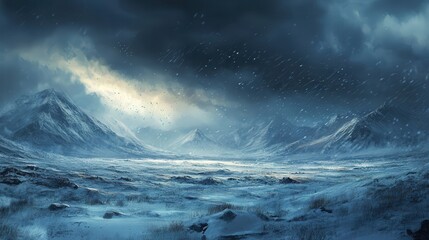Fototapeta premium storm brewing over the Arctic tundra, with dark clouds rolling in and snowflakes swirling in the wind,