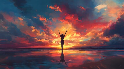 Obraz premium Woman Silhouetted Against a Vibrant Sunset Seascape