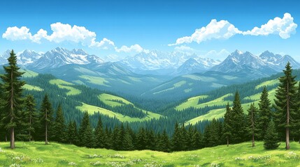 Fototapeta premium Panoramic View of a Verdant Valley Nestled Amongst Majestic Snow-Capped Mountains