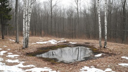 Spring puddle reflection in birch forest