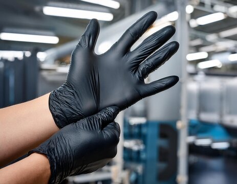 worker hands wearing black nitrile gloves in factory labor safety mechanic hand workplace protection. ai generative