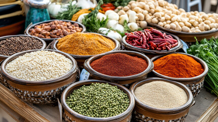 Fresh spices and herbs displayed in bowls at local market