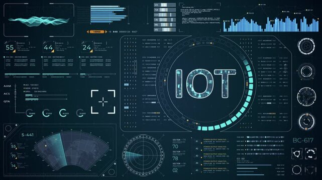Motion graphic of Blue digital IOT letter logo with head up display (HUD UI) panel and futuristic technology abstract background internet of things video concepts - Powered by Adobe
