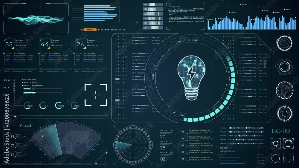 Poster motion graphic of blue digital lamp logo with head up display (hud ui) panel and futuristic technolo