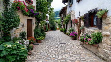 Obraz premium narrow cobblestone street lined with colorful flowers and greenery