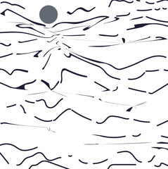 The distorted curved lines and grey circle at the top mimic an alien landscape.