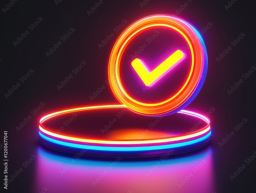 Aufkleber search engine icon tool digital concept. neon check mark symbol with glowing circular border on a da