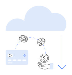 Cloud with credit card, flowing coins into hand, and blue downward arrow. Ideal for finance, banking, e-commerce, digital payments, cloud services fintech virtual banking. Line metaphor