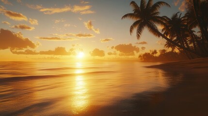 beach scene with the golden sunset reflecting off the gentle waves, while palm trees sway in the warm breeze