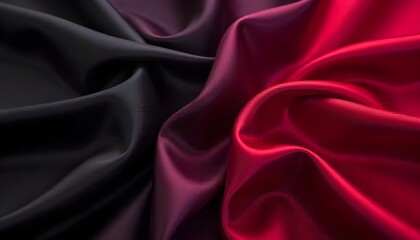 Obraz premium A background of deep black, dark gray, purple, burgundy, and red tones, featuring luxurious silk satin fabric. Exuding elegance and premium beauty, the shiny, shimmering surface highlights silky textu
