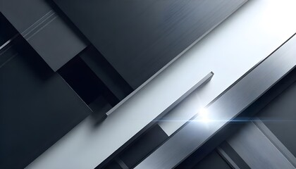 A sleek modern abstract background in black, white, light gray, and silver tones. Featuring geometric shapes with clean line stripes and sharp corners, enhanced by 3D shadows