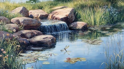 Fototapeta premium wetland with water gently rippling over the rocks, while small fish dart beneath the surface and dragonflies hover above