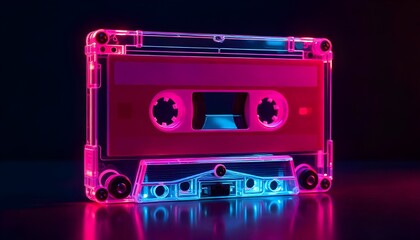 A glowing neon audio cassette in vibrant colors, evoking nostalgia for the 90s. The cassette's retro design highlights its use for listening to music, set against a dark background for a bold and stri