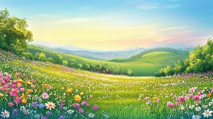 Fototapeta premium Sun-Kissed Meadow: A vibrant panorama of a verdant meadow, carpeted with a tapestry of colorful wildflowers, stretching out under a clear blue sky. The gentle slopes of rolling hills frame the scene.