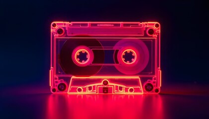 A glowing neon audio cassette in vibrant colors, evoking nostalgia for the 90s. The cassette's retro design highlights its use for listening to music, set against a dark background for a bold and stri