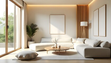 Fototapeta premium A modern Japandi-style living room interior, blending minimalist Japanese and Scandinavian design elements