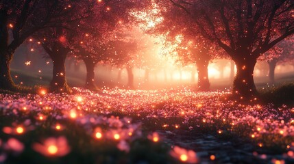 Enchanted Spring Evening with Glowing Fireflies in a Magical Landscape