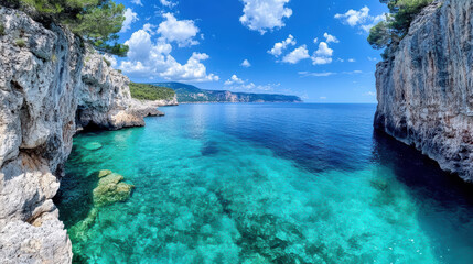 Fototapeta premium scenic view of cliffs, turquoise sea, and clear sky creates tranquil atmosphere